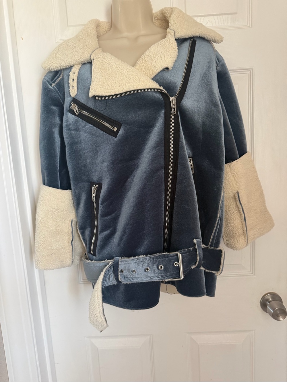 BLANKNYC Blue Velvet Sherpa Moto Jacket Belted Size M